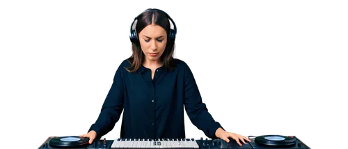 DJ, headphones, mixing console, laptop, music notes, vinyl records, microphone, sound waves, studio background, solo, relaxed posture, hands on controller, serious facial expression, dim lighting, war