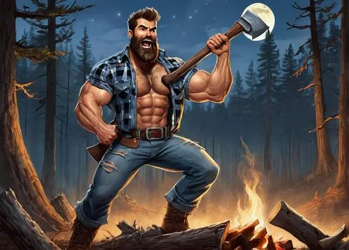 Muscular man, lumberjack werewolf, 30yo, rugged beard, messy brown hair, intense eyes, sharp teeth, plaid shirt, torn denim pants, heavy boots, axe in hand, full moon, forest, misty atmosphere, warm l