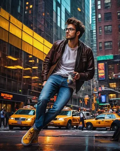 NYC, Manhattan, modern skyscraper, glass curtain wall, sleek metallic frame, angular lines, neon lights, bustling street scene, pedestrian traffic, yellow cabs, freelance worker, young adult, 25yo, hi