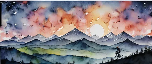 add a male bike rider ,watercolor background,abstract watercolor,northen lights,fire in the mountains,watercolor painting,watercolor paint strokes,fire mountain,watercolor,watercolor christmas backgro