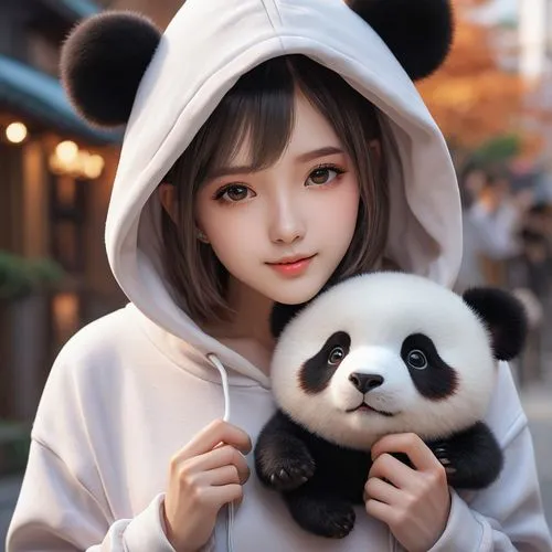 An adorable anime girl with a panda hoodie pfp,a  with black and white panda ears holding a panda bear,kawaii panda,panda,little panda,pandas,beibei,pandeli,Photography,General,Natural