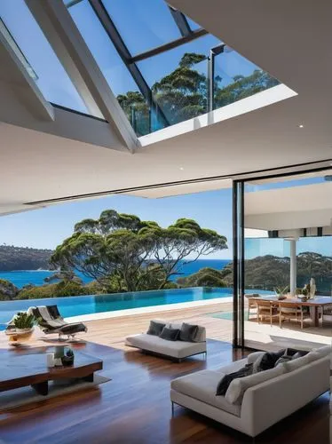 Luxury modern villa, Sydney, Australia, spacious open-plan living room, floor-to-ceiling windows, sliding glass doors, wooden flooring, minimalist interior design, sleek lines, angular shapes, cantile