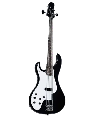 Electric bass guitar, shiny black body, silver metal hardware, rounded edges, 4 strings, white pearl inlays, music notes surrounding, solo, spotlight, low angle shot, dramatic lighting, cinematic comp