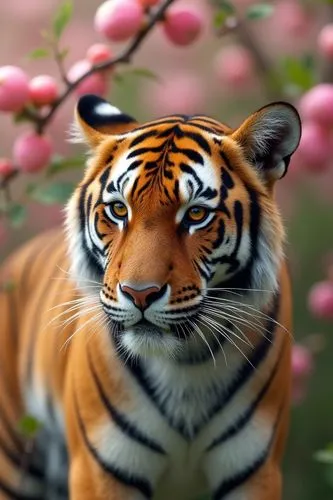 A majestic Bengal tiger with amber eyes, surrounded by a blooming apple tree. Soft, natural light illuminates the scene. The tiger's fur is detailed and realistic, with vibrant orange and black stripe