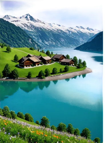 Mountainous landscape, Switzerland, serene atmosphere, snow-capped Alps, lush green valleys, turquoise Lake Geneva, wooden chalets, steeples roofs, vibrant wildflowers, misty morning, soft warm light,