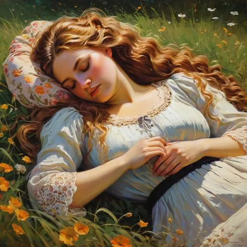 girl lying on the grass,idyll,the sleeping rose,perugini,ophelia,girl in the garden,siesta,winterhalter,girl in flowers,sleeping rose,relaxed young girl,leighton,primavera,dossi,restful,emile vernon,heatherley,auguste,meadow,sleeping beauty,Conceptual Art,Oil color,Oil Color 06