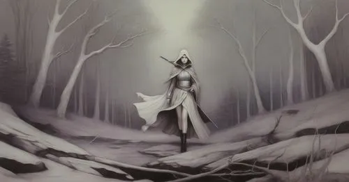 a woman wearing a white outfit with a long cape and a sword is standing in the snow near trees,the snow queen,thranduil,white fox,mirkwood,eternal snow,aleu,Illustration,Realistic Fantasy,Realistic Fa