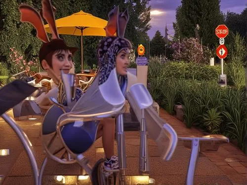 teacups,scandia gnomes,children's ride,family outing,amusement park,ice cream cart,garden statues,teeter-totter,romantic meeting,romantic scene,tangled,gnomes at table,summer evening,monorail,mary pop