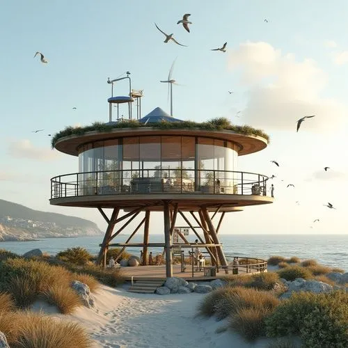 Sustainable watching tower, coastal scenery, modern minimalist architecture, steel frame, reclaimed wood, solar panels, green roof, wind turbines, circular shape, panoramic view, 360-degree observatio