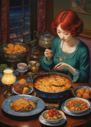 A cozy evening at home with comfort food,woman holding pie,placemat,merida,cookery,delicacies,food table,turkish cuisine,autumn taste,girl in the kitchen,food and cooking,girl with cereal bowl,teatime