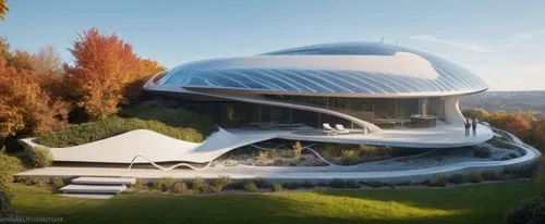 DISEÑO EXTERIOR DE UNA RESIDENCIA ESTILO FUTURISTA CON FORMA ESPACAIL ORGANICA, CON UN AMPLIO VENTANAL DE CRISTAL AL FRENTA, CON VISTA AL MAS, RODEADA DE VEGETACIÓN EXUBERANTE, CORRECION DE ERRORES, P