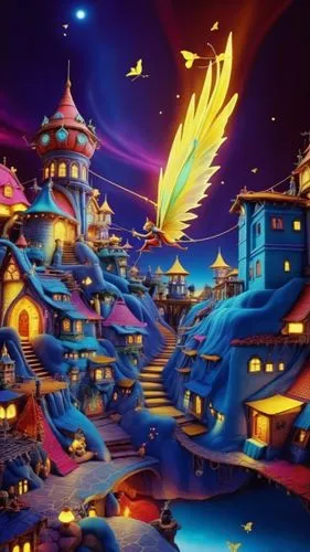 fairy city, neon wings, sky,an artistic view of an urban city with colorful buildings,agrabah,cartoon video game background,fantasy city,toontown,moc chau hill,fantasyland,Illustration,Realistic Fanta