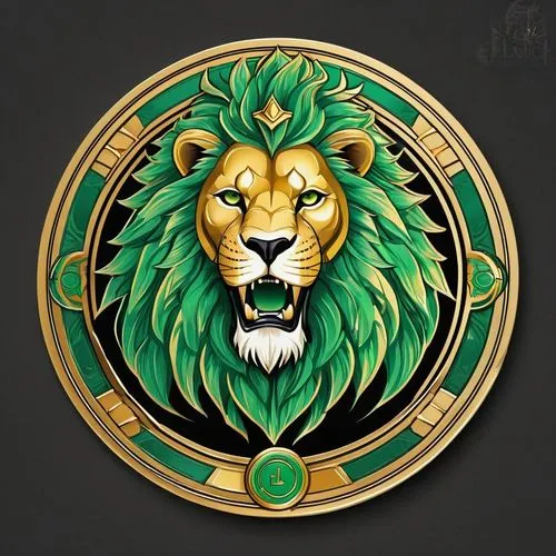 Fantasy emblem logo for gaming token depicting a lion-man emperor (including the word "Felidur"),luxury legendary token,golden border and gold and light green tones,illustration,vibrant((circular toke