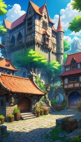 arenanet,knight village,highstein,meteora,studio ghibli,castle iron market,townscapes,alpine village,oktoberfest background,ghibli,medieval town,fantasyland,netherwood,lofland,aurora village,merrymount,butka,townsquare,maplestory,marycrest,Illustration,Japanese style,Japanese Style 03