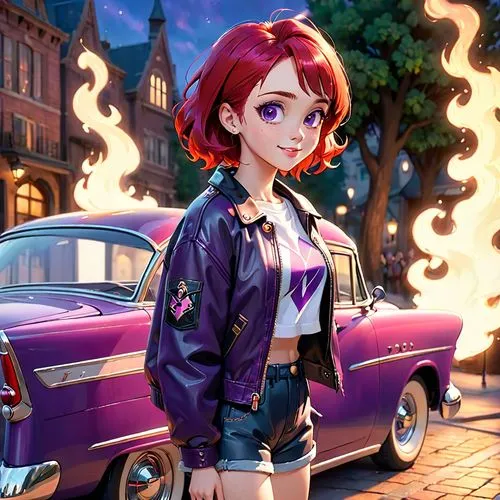 retro girl,nora,girl and car,fire background,50s,50's style,cg artwork,dodge la femme,acerola,hot rod,fire pearl,retro woman,daphne,rockabella,kosmea,saganaki,fire angel,jean jacket,jacket,pompadour,Anime,Anime,Cartoon