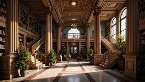 Grandiose library interior, ornate columns, intricately carved capitals, polished marble floors, sweeping archways, majestic staircases, richly textured wallpaper, gilded moldings, soft warm lighting,