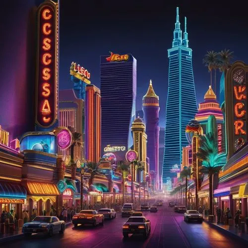 Las Vegas cityscape, Lego-style buildings, colorful blocks, neon lights, futuristic skyscrapers, vibrant casino signs, bustling streets, nighttime scene, dramatic spotlights, intricate building detail