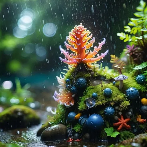 bowl of fruit in rain,ornamental shrimp,tiny world,pikmin,terrarium,colorful water,cherry shrimp,koi pond,aquarium,hygrophila,underwater oasis,aquacultural,rainwater drops,aquarium inhabitants,water drops,macro world,underwater background,rain droplets,rain forest,flower water,Illustration,Realistic Fantasy,Realistic Fantasy 19