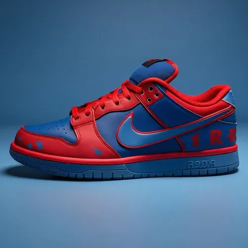 blue a red,an athletic shoe with a bright red, blue, and red design,red and blue,running shoe,sports shoe,kds,paire,athletic shoes,tennis shoe,nikes,dunks,forefoot,internationalist,nikephoros,basketba