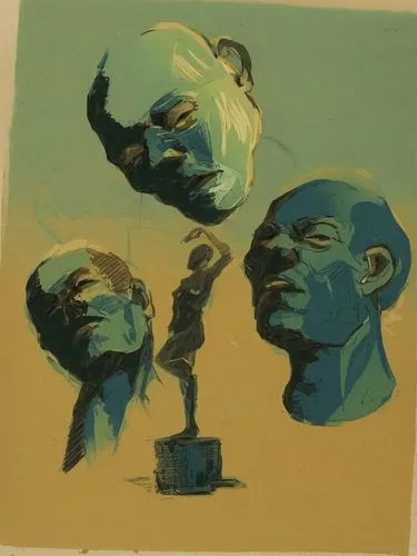 three figures with one on top of a chair,gouache,blue painting,cyanotype,figgis,sculptor ed elliott,fischl,Art,Classical Oil Painting,Classical Oil Painting 14