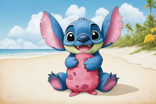 Generate a cute image of Lilo hugging Stitch in a sunny beach setting.,stitch,cute cartoon character,lilo,cute cartoon image,beach background,dumbo,beach toy,disney character,watermelon background,pla