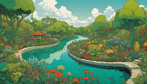 Picture a magical garden where plants thrive on the nourishment of green water.,koi pond,wetland,garden pond,a river,pond,studio ghibli,wetlands,mushroom landscape,river landscape,brook landscape,pond