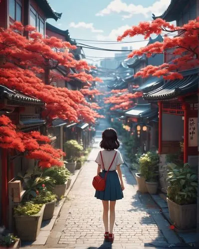 girl stands in a red flower surrounded street, in the style of chinese cultural themes, romantic and nostalgic themes, panasonic lumix s pro 50mm f/1. 4, light white and light amber, transparent/trans