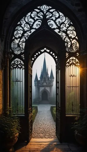 entrada,haunted cathedral,fairy tale castle,gateway,doorways,house silhouette,the threshold of the house,portal,hall of the fallen,fairytale castle,iron gate,castle,castlevania,archway,archways,ghost castle,theed,entranceway,castle of the corvin,monastery,Photography,Black and white photography,Black and White Photography 01