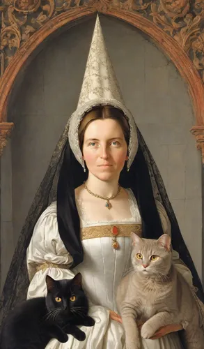 (woman Isabelle de Bourbon in 15th century medieval dress holding a one British dark grey cat in her arms: 1,5),
(on the woman's head there is a high Gothic cone "atour" with veil: 1,5), (a veil hangs