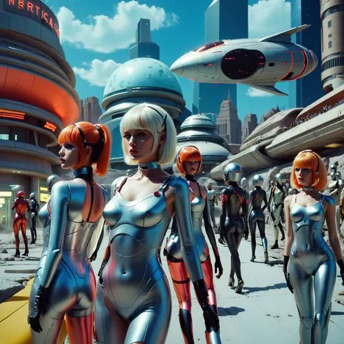 futuristic city, 100 beautiful female androids,some futuristic looking people standing on a city street,fembots,orbiters,valerian,automatons,cyberangels,futurians,Photography,Documentary Photography,D