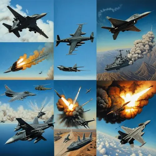  4 picture Collage of modern military in full action,this shows several airplanes that are taking off from the airport,military fighter jets,jetfighters,air combat,firebombers,raaf hornets,thunderstre