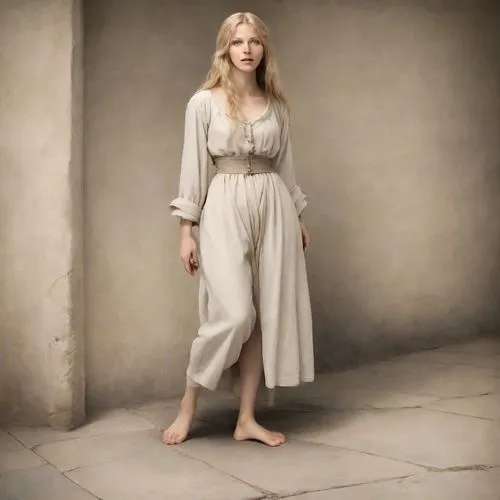 girl in a long dress,portrait of christi,long dress,women's clothing,barefoot,vanity fair,blue jasmine,celtic woman,tilda,evening dress,women clothes,garment,nightgown,laundress,priestess,female model,cybele,white winter dress,the girl in nightie,white lady,Photography,Cinematic