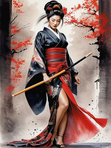 geisha girl,geisha,japanese art,samurai,samurai fighter,oriental princess,japanese woman,oriental girl,katana,swordswoman,japanese martial arts,beautiful girls with katana,oriental painting,japanese culture,erhu,japanese style,sanshin,chinese art,shamisen,female warrior,Illustration,Paper based,Paper Based 03