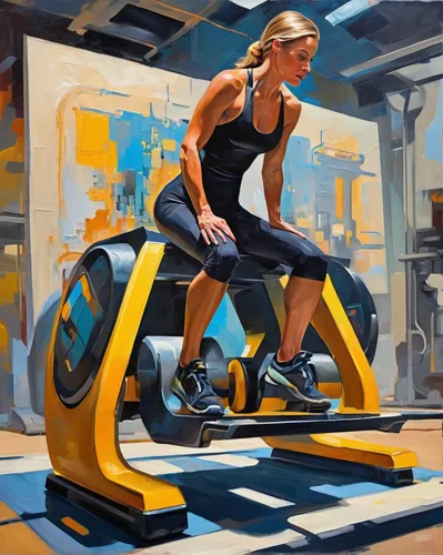 indoor cycling,indoor rower,elliptical trainer,stationary bicycle,exercise equipment,exercise machine,running machine,rower,bicycle trainer,exercise ball,endurance sports,treadmill,painting technique,oil painting on canvas,delete exercise,sprint woman,spinning,female runner,girl with a wheel,artistic cycling,Conceptual Art,Oil color,Oil Color 22