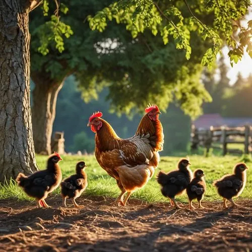 Free-range chicken with 5 chicks in the foreground, tree and early morning sun in the background,hen,backyard chickens,free-range eggs,cockerel,chicken yard,chicken farm,hen with chicks,parents and ch