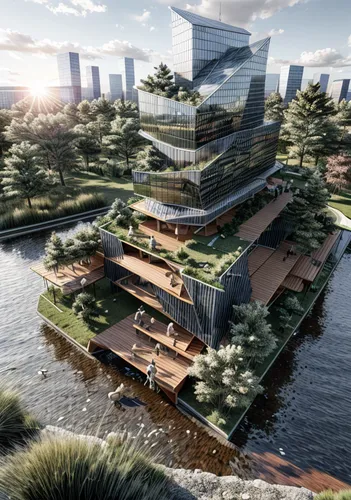 autostadt wolfsburg,artificial island,cube stilt houses,futuristic architecture,floating islands,floating island,artificial islands,house by the water,3d rendering,waterside,floating huts,waterfront,eco hotel,archidaily,arq,barangaroo,houseboat,modern architecture,futuristic art museum,eco-construction