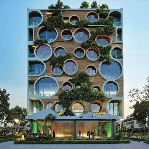 a building with a spirally facade and circular windows,building honeycomb,cubic house,honeycomb structure,hotel w barcelona,interlace,apartment building,Photography,Artistic Photography,Artistic Photo