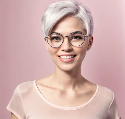 white hair and round glasses, contagious smile, open mouth,lace round frames,silver framed glasses,pink round frames,pink glasses,reading glasses,with glasses,eye glass accessory,cosmetic dentistry,gl