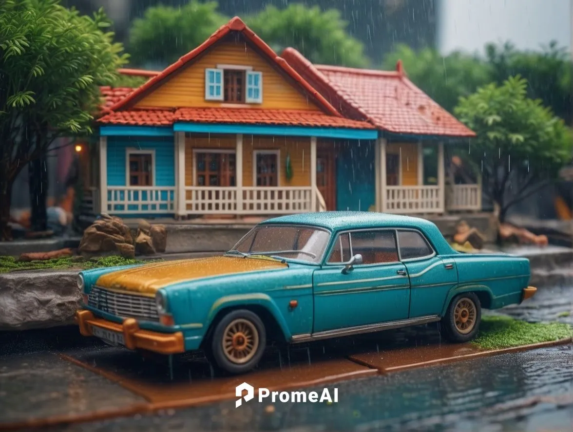 miniature house,3d car model,retro vehicle,retro car,pickup-truck,retro automobile,tilt shift,ford truck,volvo amazon,matchbox car,model car,suburban,wind-up toy,volvo 66,house by the water,little hou