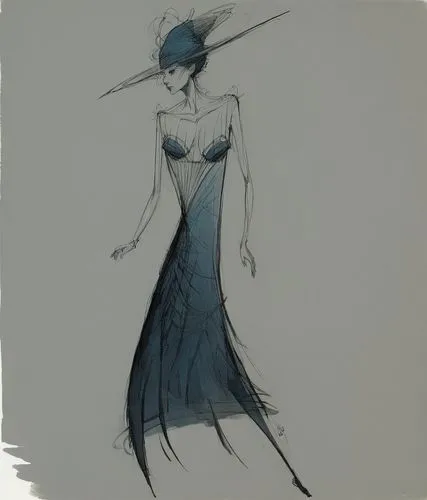 Woman wearing a old raffled dress with large sunhead. She is mysterous,a drawing of a woman wearing a blue dress,poiret,scarfe,dress form,schiaparelli,vionnet,siriano,Illustration,Black and White,Blac