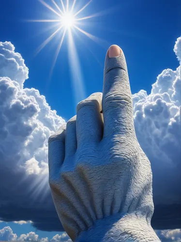 giant finger, reaching towards the sky, fluffy white clouds, blue sky background, surreal concept, hyper-realistic, detailed texture, skin pores, dramatic shadows, sunlight peeking through clouds, 3/4