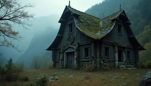 Mountainous landscape, abandoned barn, Gothic style architecture, old wooden structure, intricate stone carvings, overgrown with vines, moss-covered roof, broken windows, creaky doors, rusty metal acc