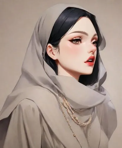 a woman with a white head scarf and a silver necklace,abaya,rouiba,hijaber,hijab,suyin,nun