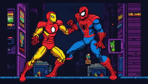 Spider-Man teaming up with Iron Man,pixel art,spider-man,superhero background,spiderman,comic characters,marvel comics,retro frame,marvel,daredevil,red and blue,spider bouncing,comic style,the suit,we