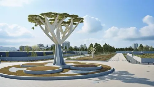 An Architectural rendering of A street with sculptural park to the right,a beautiful sculpture is outside on the other side of a walkway,solar cell base,highway roundabout,trumpet tree,roundabout,ring