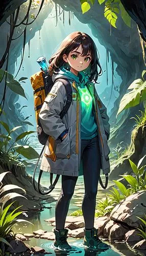 mountain guide,biologist,hiker,adventurer,spectacled bear,explorer,hiking,hike,parka,game illustration,kids illustration,hikers,forest walk,ursa,park ranger,jungle,world digital painting,frog background,forest animal,cub,Anime,Anime,General