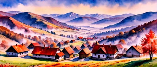 Romanian landscape, Carpathian Mountains, rolling hills, traditional village, wooden houses, red-tiled roofs, smoke rising from chimneys, autumn foliage, misty morning, soft warm light, panoramic view