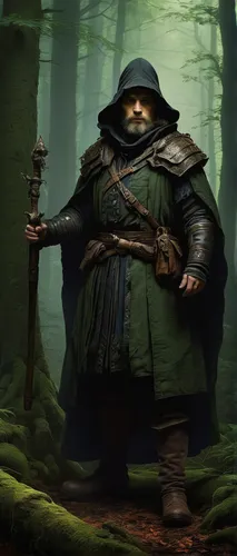 dwarf sundheim,the wanderer,hooded man,quarterstaff,woodsman,forest man,dwarf,patrol,massively multiplayer online role-playing game,aaa,robin hood,gamekeeper,friar,scandia gnome,prejmer,heroic fantasy,doctor doom,farmer in the woods,wanderer,druid,Art,Classical Oil Painting,Classical Oil Painting 06