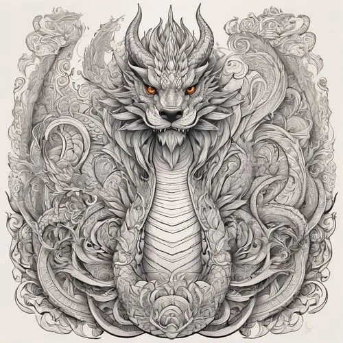 house of dragon style,an artistic drawing of a dragon with two snakes on its body,rakshasa,raijin,dragon design,barong,wyrm,tsathoggua,Illustration,Black and White,Black and White 05