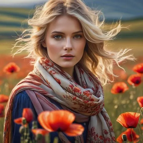 beautiful girl with flowers,romantic look,poppy fields,scarves,scarf,girl in flowers,Photography,General,Commercial